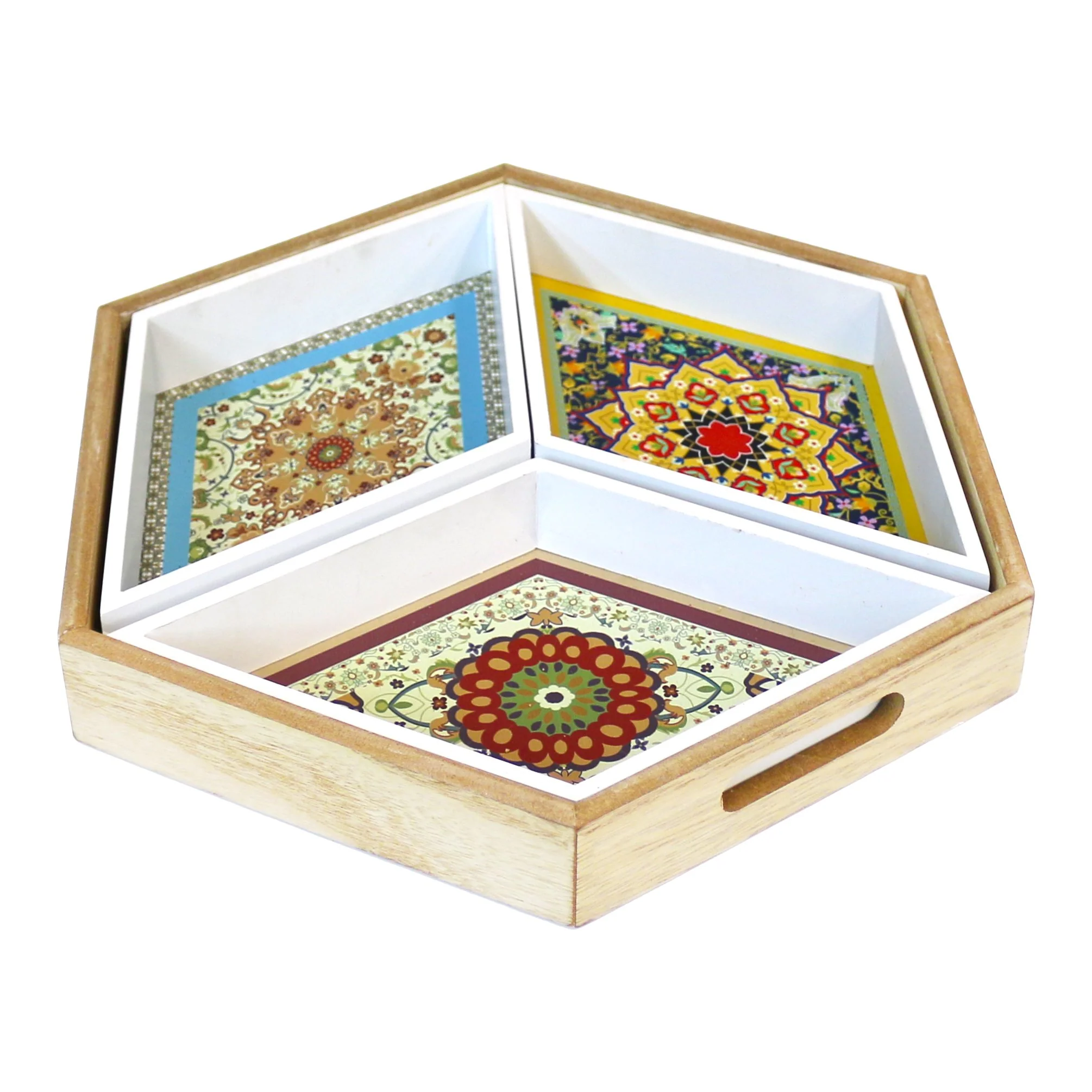 Wooden Hexagonal Floral Pattern 4-Piece Eid & Ramadan Food Serving Tray