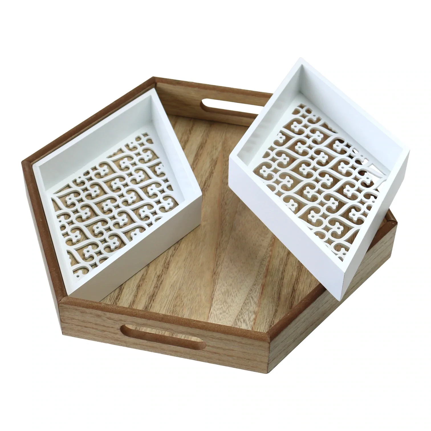 Wooden Hexagonal Intricate Pattern 4-Piece Eid & Ramadan Food Serving Tray - Image 2