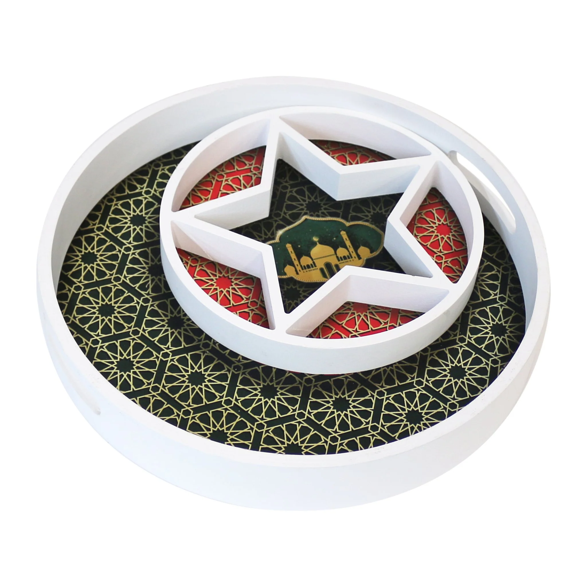 Wooden Round Star Geometric Pattern Eid & Ramadan Food Serving Tray - Green & Red
