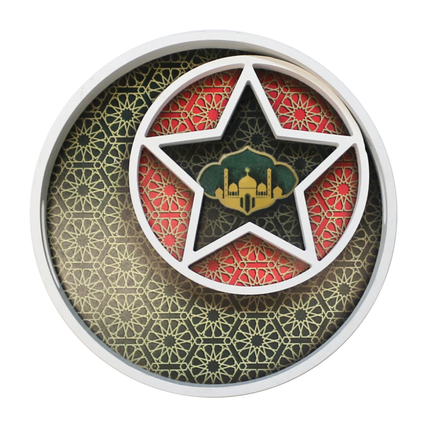 Wooden Round Star Geometric Pattern Eid & Ramadan Food Serving Tray - Green & Red - Image 2