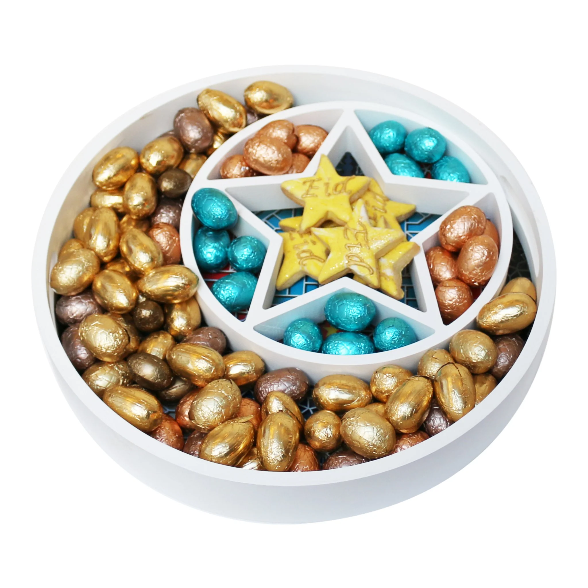 Wooden Round Star Geometric Pattern Eid & Ramadan Food Serving Tray - Green & Red - Image 3